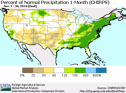 United States Percent of Normal Precipitation 1-Month (CHIRPS) Thematic Map For 11/1/2018 - 11/30/2018