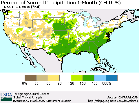 United States Percent of Normal Precipitation 1-Month (CHIRPS) Thematic Map For 12/1/2018 - 12/31/2018