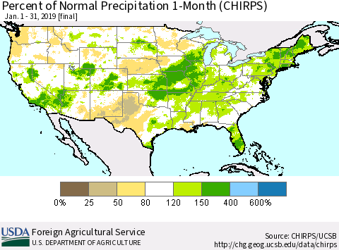 United States Percent of Normal Precipitation 1-Month (CHIRPS) Thematic Map For 1/1/2019 - 1/31/2019