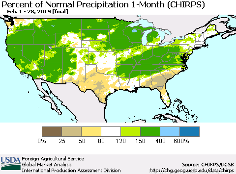 United States Percent of Normal Precipitation 1-Month (CHIRPS) Thematic Map For 2/1/2019 - 2/28/2019