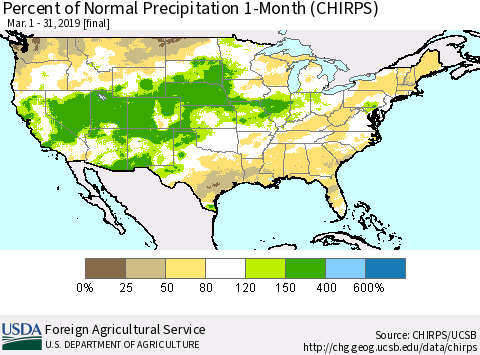 United States Percent of Normal Precipitation 1-Month (CHIRPS) Thematic Map For 3/1/2019 - 3/31/2019