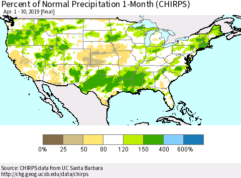 United States Percent of Normal Precipitation 1-Month (CHIRPS) Thematic Map For 4/1/2019 - 4/30/2019