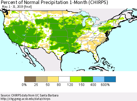 United States Percent of Normal Precipitation 1-Month (CHIRPS) Thematic Map For 5/1/2019 - 5/31/2019