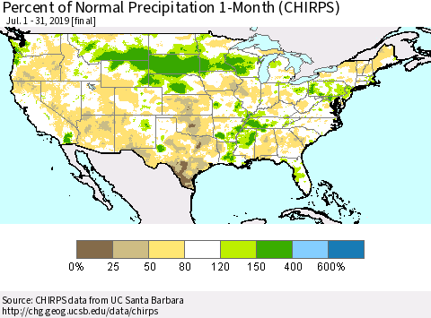United States Percent of Normal Precipitation 1-Month (CHIRPS) Thematic Map For 7/1/2019 - 7/31/2019
