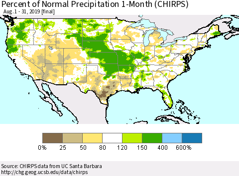 United States Percent of Normal Precipitation 1-Month (CHIRPS) Thematic Map For 8/1/2019 - 8/31/2019