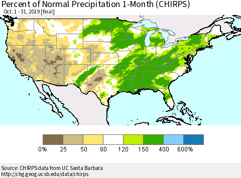 United States Percent of Normal Precipitation 1-Month (CHIRPS) Thematic Map For 10/1/2019 - 10/31/2019