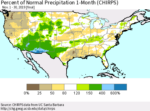 United States Percent of Normal Precipitation 1-Month (CHIRPS) Thematic Map For 11/1/2019 - 11/30/2019