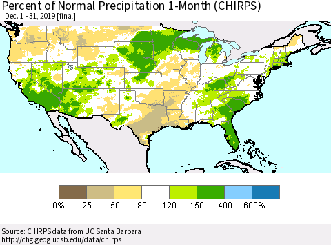 United States Percent of Normal Precipitation 1-Month (CHIRPS) Thematic Map For 12/1/2019 - 12/31/2019