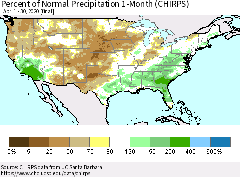 United States Percent of Normal Precipitation 1-Month (CHIRPS) Thematic Map For 4/1/2020 - 4/30/2020