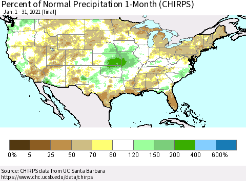 United States Percent of Normal Precipitation 1-Month (CHIRPS) Thematic Map For 1/1/2021 - 1/31/2021
