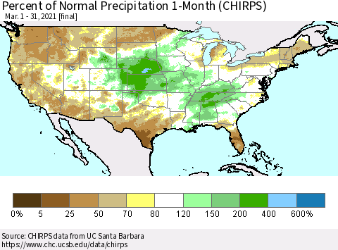 United States Percent of Normal Precipitation 1-Month (CHIRPS) Thematic Map For 3/1/2021 - 3/31/2021