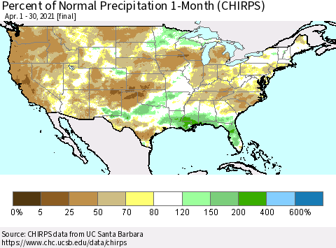 United States Percent of Normal Precipitation 1-Month (CHIRPS) Thematic Map For 4/1/2021 - 4/30/2021