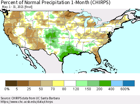 United States Percent of Normal Precipitation 1-Month (CHIRPS) Thematic Map For 5/1/2021 - 5/31/2021