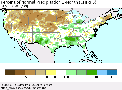 United States Percent of Normal Precipitation 1-Month (CHIRPS) Thematic Map For 6/1/2021 - 6/30/2021