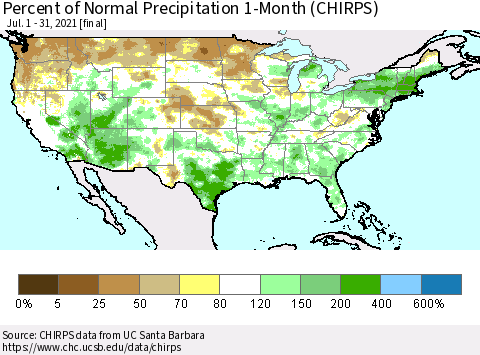 United States Percent of Normal Precipitation 1-Month (CHIRPS) Thematic Map For 7/1/2021 - 7/31/2021