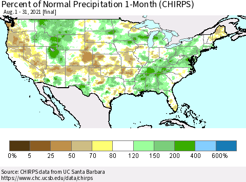 United States Percent of Normal Precipitation 1-Month (CHIRPS) Thematic Map For 8/1/2021 - 8/31/2021