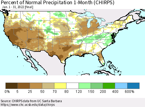 United States Percent of Normal Precipitation 1-Month (CHIRPS) Thematic Map For 1/1/2022 - 1/31/2022