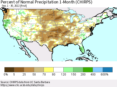 United States Percent of Normal Precipitation 1-Month (CHIRPS) Thematic Map For 9/1/2022 - 9/30/2022