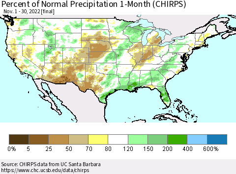 United States Percent of Normal Precipitation 1-Month (CHIRPS) Thematic Map For 11/1/2022 - 11/30/2022
