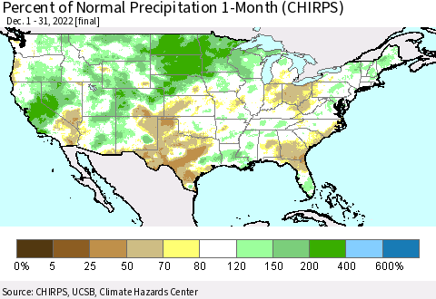 United States Percent of Normal Precipitation 1-Month (CHIRPS) Thematic Map For 12/1/2022 - 12/31/2022