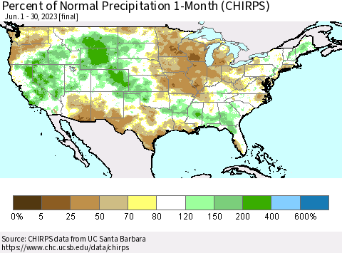 United States Percent of Normal Precipitation 1-Month (CHIRPS) Thematic Map For 6/1/2023 - 6/30/2023