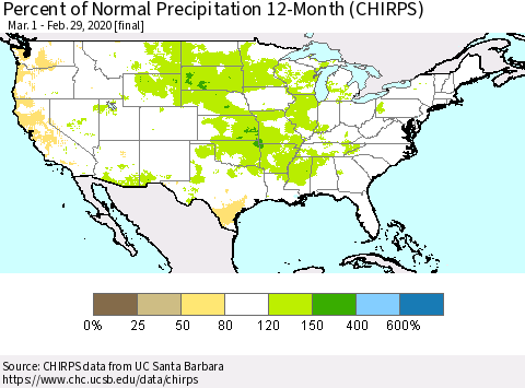 United States Percent of Normal Precipitation 12-Month (CHIRPS) Thematic Map For 3/1/2019 - 2/29/2020