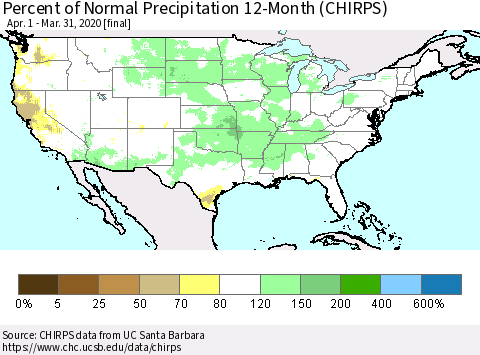 United States Percent of Normal Precipitation 12-Month (CHIRPS) Thematic Map For 4/1/2019 - 3/31/2020