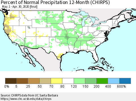 United States Percent of Normal Precipitation 12-Month (CHIRPS) Thematic Map For 5/1/2019 - 4/30/2020