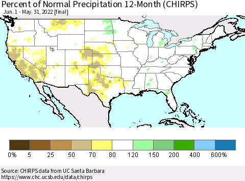 United States Percent of Normal Precipitation 12-Month (CHIRPS) Thematic Map For 6/1/2021 - 5/31/2022