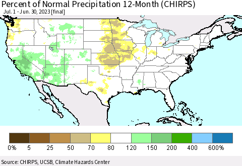 United States Percent of Normal Precipitation 12-Month (CHIRPS) Thematic Map For 7/1/2022 - 6/30/2023