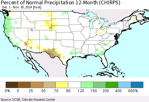 United States Percent of Normal Precipitation 12-Month (CHIRPS) Thematic Map For 12/1/2023 - 11/30/2024