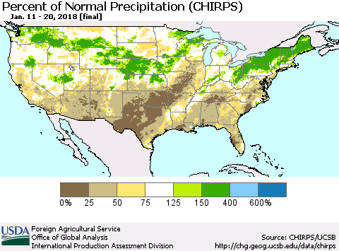 United States Percent of Normal Precipitation (CHIRPS) Thematic Map For 1/11/2018 - 1/20/2018