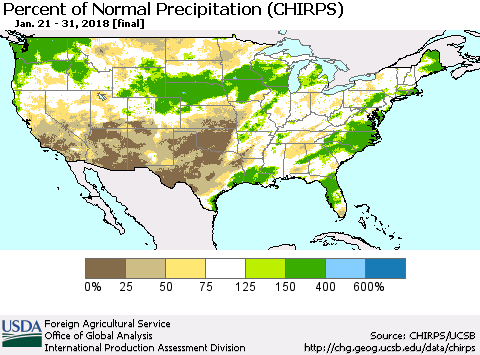 United States Percent of Normal Precipitation (CHIRPS) Thematic Map For 1/21/2018 - 1/31/2018