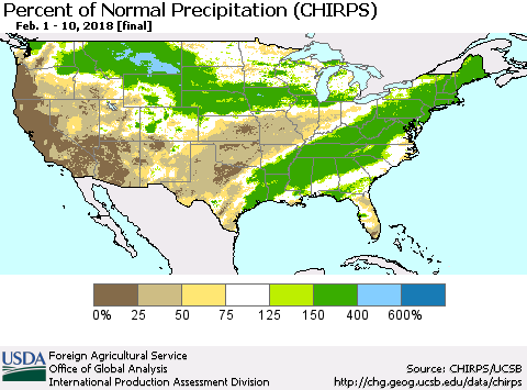 United States Percent of Normal Precipitation (CHIRPS) Thematic Map For 2/1/2018 - 2/10/2018