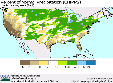 United States Percent of Normal Precipitation (CHIRPS) Thematic Map For 2/11/2018 - 2/20/2018