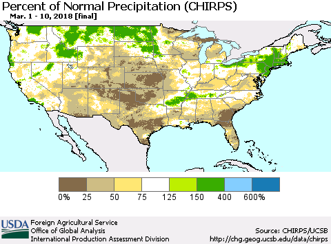 United States Percent of Normal Precipitation (CHIRPS) Thematic Map For 3/1/2018 - 3/10/2018
