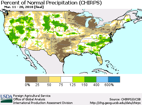 United States Percent of Normal Precipitation (CHIRPS) Thematic Map For 3/11/2018 - 3/20/2018