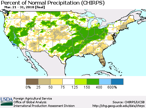 United States Percent of Normal Precipitation (CHIRPS) Thematic Map For 3/21/2018 - 3/31/2018