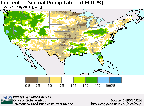 United States Percent of Normal Precipitation (CHIRPS) Thematic Map For 4/1/2018 - 4/10/2018