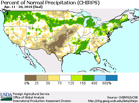 United States Percent of Normal Precipitation (CHIRPS) Thematic Map For 4/11/2018 - 4/20/2018