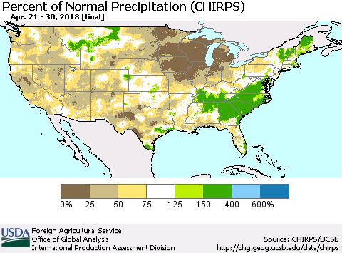 United States Percent of Normal Precipitation (CHIRPS) Thematic Map For 4/21/2018 - 4/30/2018