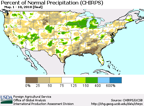 United States Percent of Normal Precipitation (CHIRPS) Thematic Map For 5/1/2018 - 5/10/2018