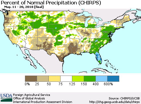 United States Percent of Normal Precipitation (CHIRPS) Thematic Map For 5/11/2018 - 5/20/2018