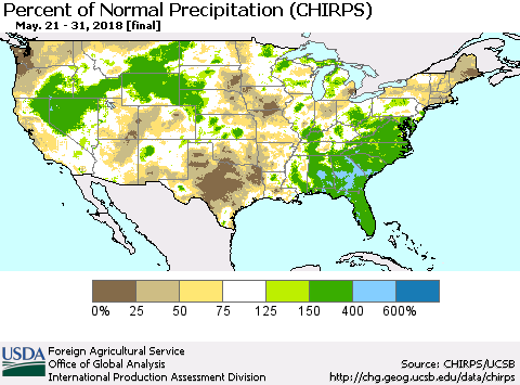United States Percent of Normal Precipitation (CHIRPS) Thematic Map For 5/21/2018 - 5/31/2018