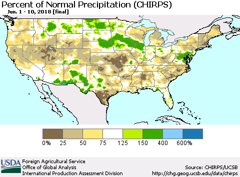 United States Percent of Normal Precipitation (CHIRPS) Thematic Map For 6/1/2018 - 6/10/2018
