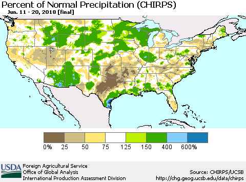 United States Percent of Normal Precipitation (CHIRPS) Thematic Map For 6/11/2018 - 6/20/2018
