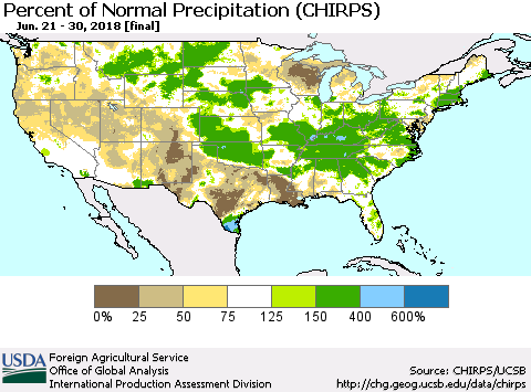 United States Percent of Normal Precipitation (CHIRPS) Thematic Map For 6/21/2018 - 6/30/2018