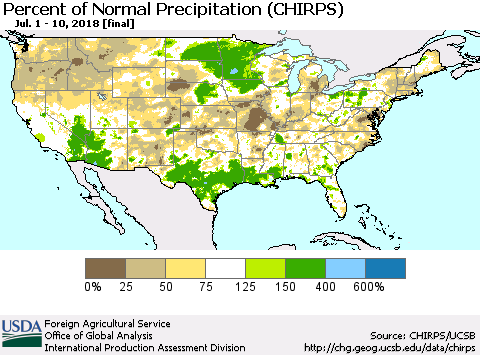 United States Percent of Normal Precipitation (CHIRPS) Thematic Map For 7/1/2018 - 7/10/2018