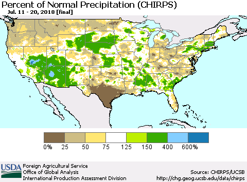 United States Percent of Normal Precipitation (CHIRPS) Thematic Map For 7/11/2018 - 7/20/2018