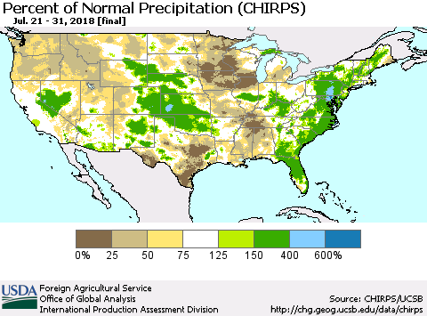 United States Percent of Normal Precipitation (CHIRPS) Thematic Map For 7/21/2018 - 7/31/2018